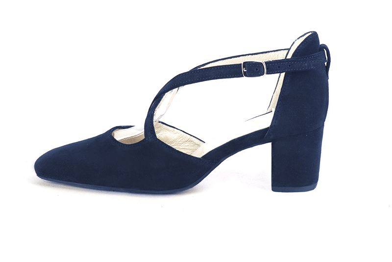 Navy blue women's open side shoes, with crossed straps. Square toe. Medium block heels. Profile view - Florence KOOIJMAN